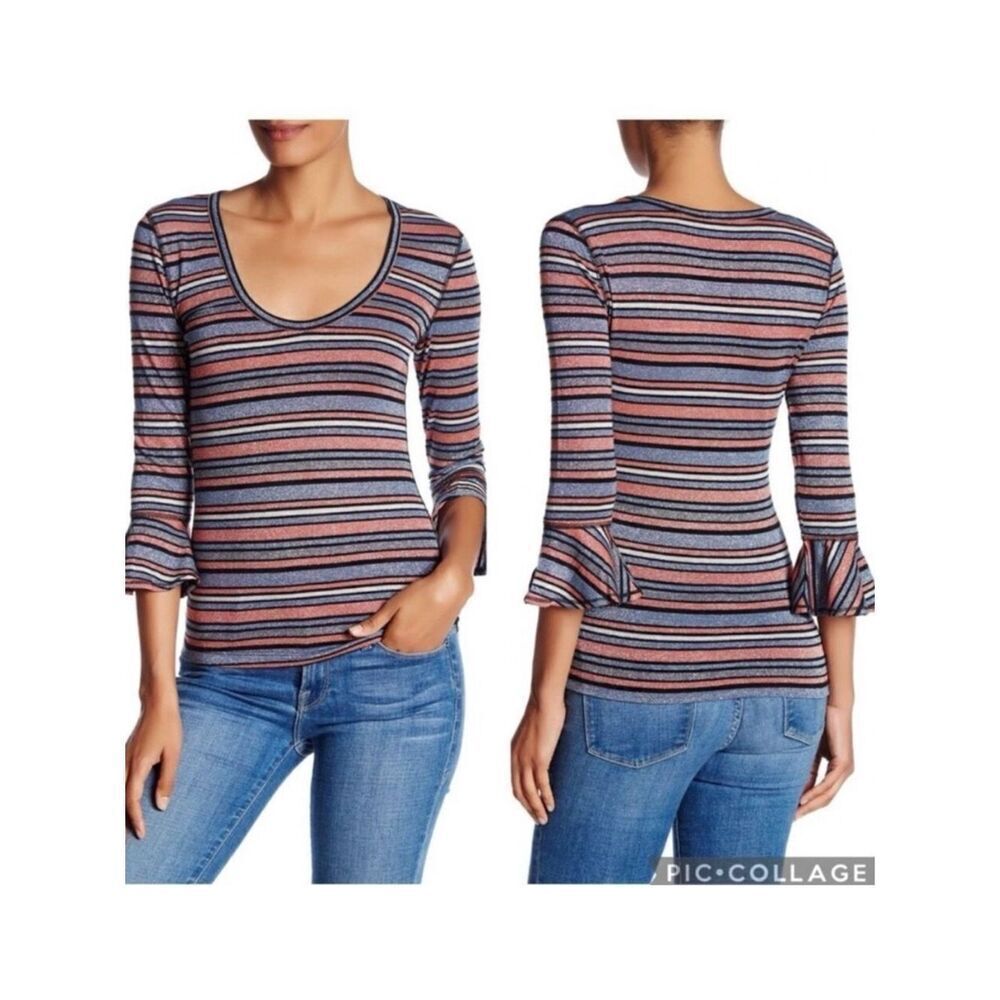 New Free People L Surprise Party Ruffle 3/4 Sleeve Top Grey Multicolor Metallic